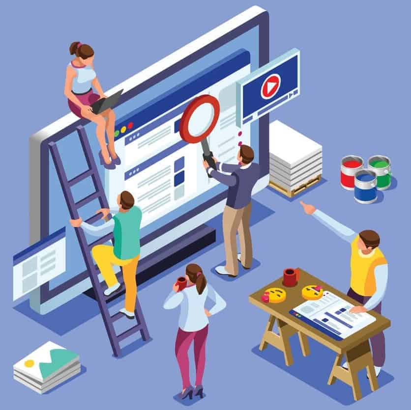 איור הממחיש את מעצב אתרים בעבודה ואת מפקח ה- SEO בודק אם העיצוב פוגם בקידום