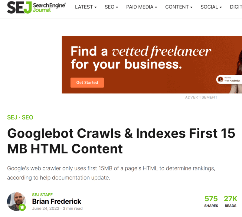 צילום מסך של הכותרת הראשית שהתפרסמה ב- Search Engine Journal. בכותרת כתוב: Googlebot Crawls & Indexes First 15 MB HTML Content