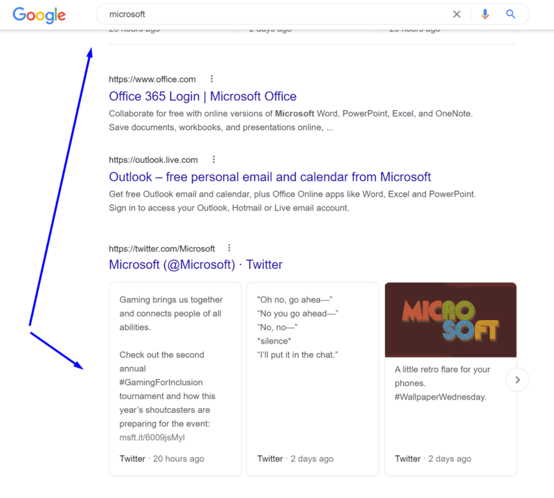צילום מסףך מתוך תוצאות החיפוש בגוגל כאשר מחפשים את הביטוי Microsoft מקבלים בין התוצאות בגוגל, גם את הציוצים האחרונים של מיקרוסופט בטוויטר