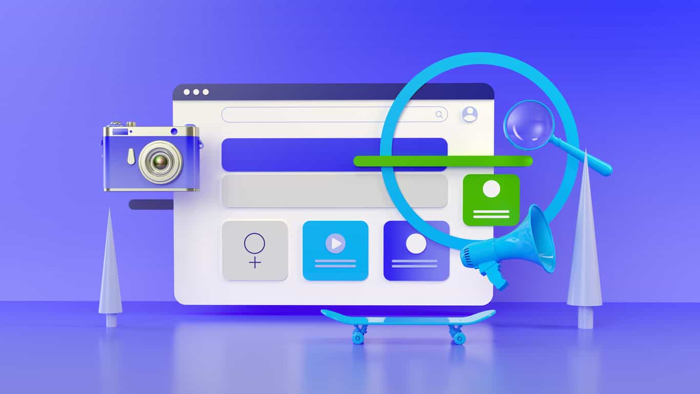 איור ברקע סגול בו רואים אתר אינטרנט ובו מגוון תכנים ובניהם וידאו כאשר לצד האתר רואים אייקונים של מצלמה, קרוז, זכוכית מגדלת, תוכן וסקייטבורד האיור ממחיש את האופטימיזציה של עמוד אינטרנט עם תוכן ממוקד וסרטון במרכזו