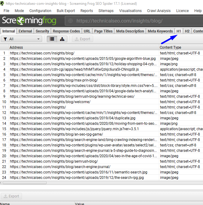 צילום מסך - Screaming Frog וטאב ה- H1
