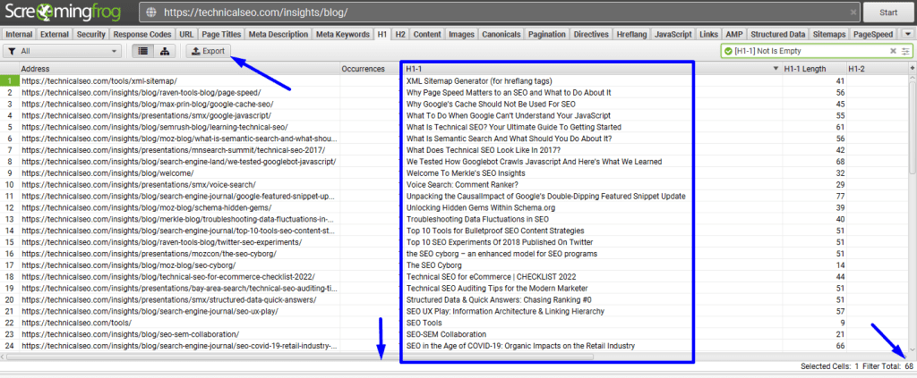 צילום מסך - Screaming Frog מציאת נושאים לכתיבה