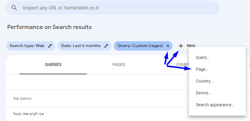 צילום מסך - GSC יצירת שאילתה לפי עמוד