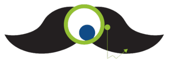 לוגו סוכנות SEO המפקח, הלוגו בצבעים שחור, ירוק בהיר, כחול כהה ולבן. הלוגו מורכב משפם בלשים שבמרכזו עין היוצרת זכוכית מגדלת היוצרת גרף ירוק בעלייה